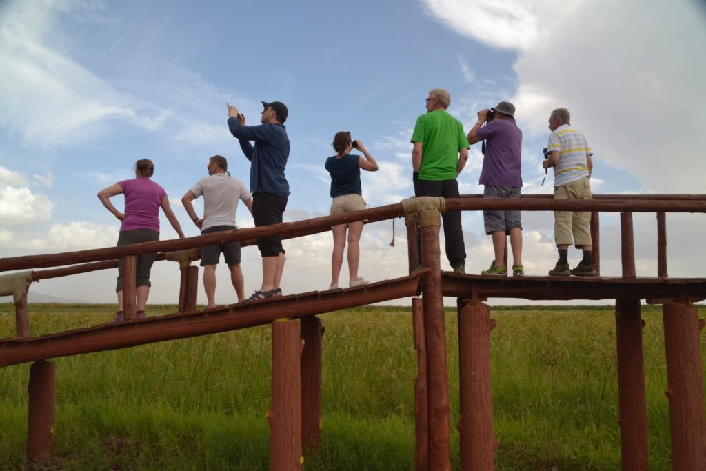 W Parku Lake Maniara na safari,Tanzania. Turyści oglądają z platformy jezioro na horyzoncie pełne flamingów - fot. Jerzy Kostrzewa